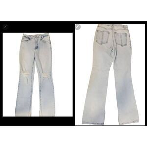 Womens Good American Light Blue Distressed Straight Leg High Rise Zip Fly Slit H